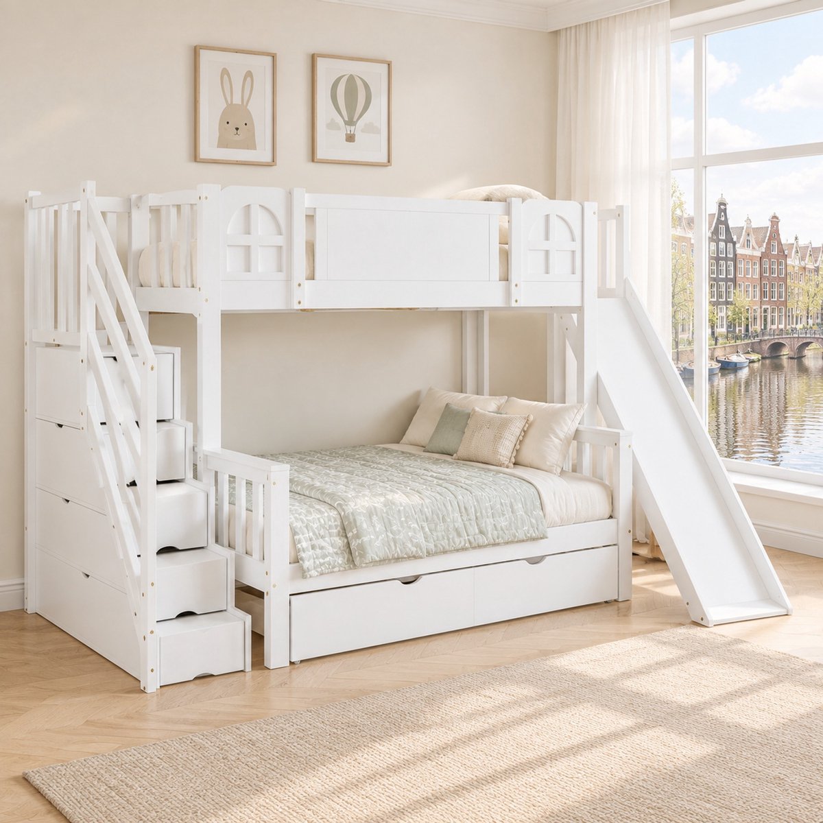 WUVRIE Stapelbed voor kinderen met glijbaan, opbergtrap, bedlade en uitvalbeveiliging, wit, 90x200 en 120x200 cm