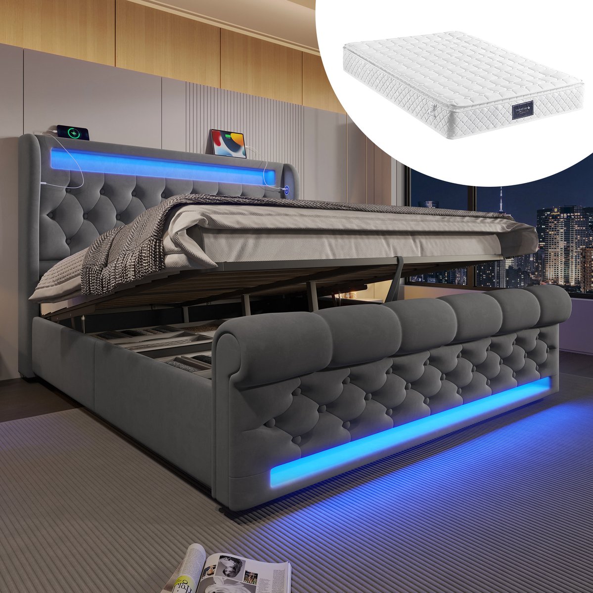WUVRIE Tweepersoonsbed 140x200 cm met LED, USB en Type-C, hydraulische opbergruimte en matras, grijs