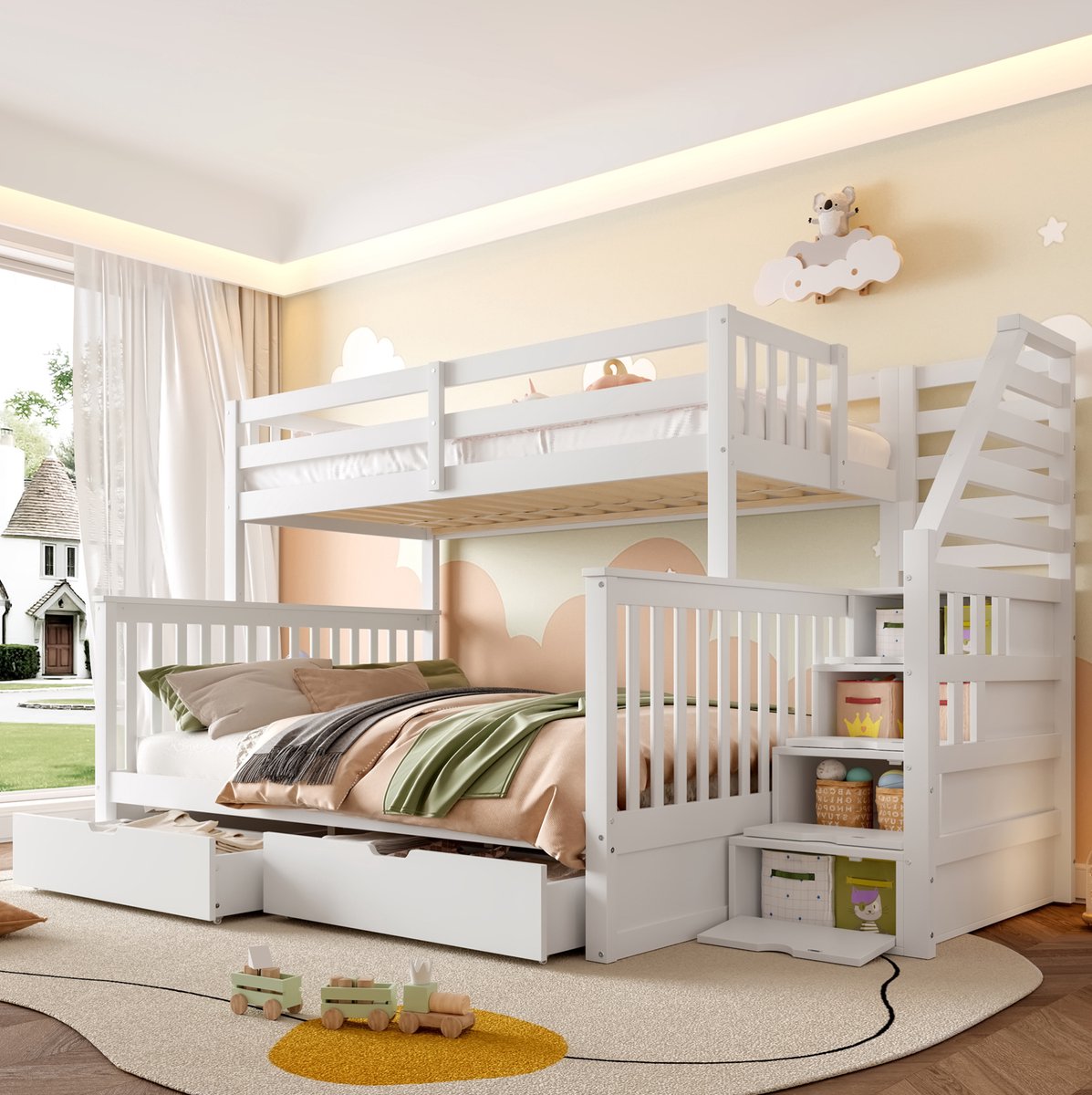 WUVRIE Stapelbed 90x200 en 140x200 cm met lades, zijladder en veiligheidshek, wit