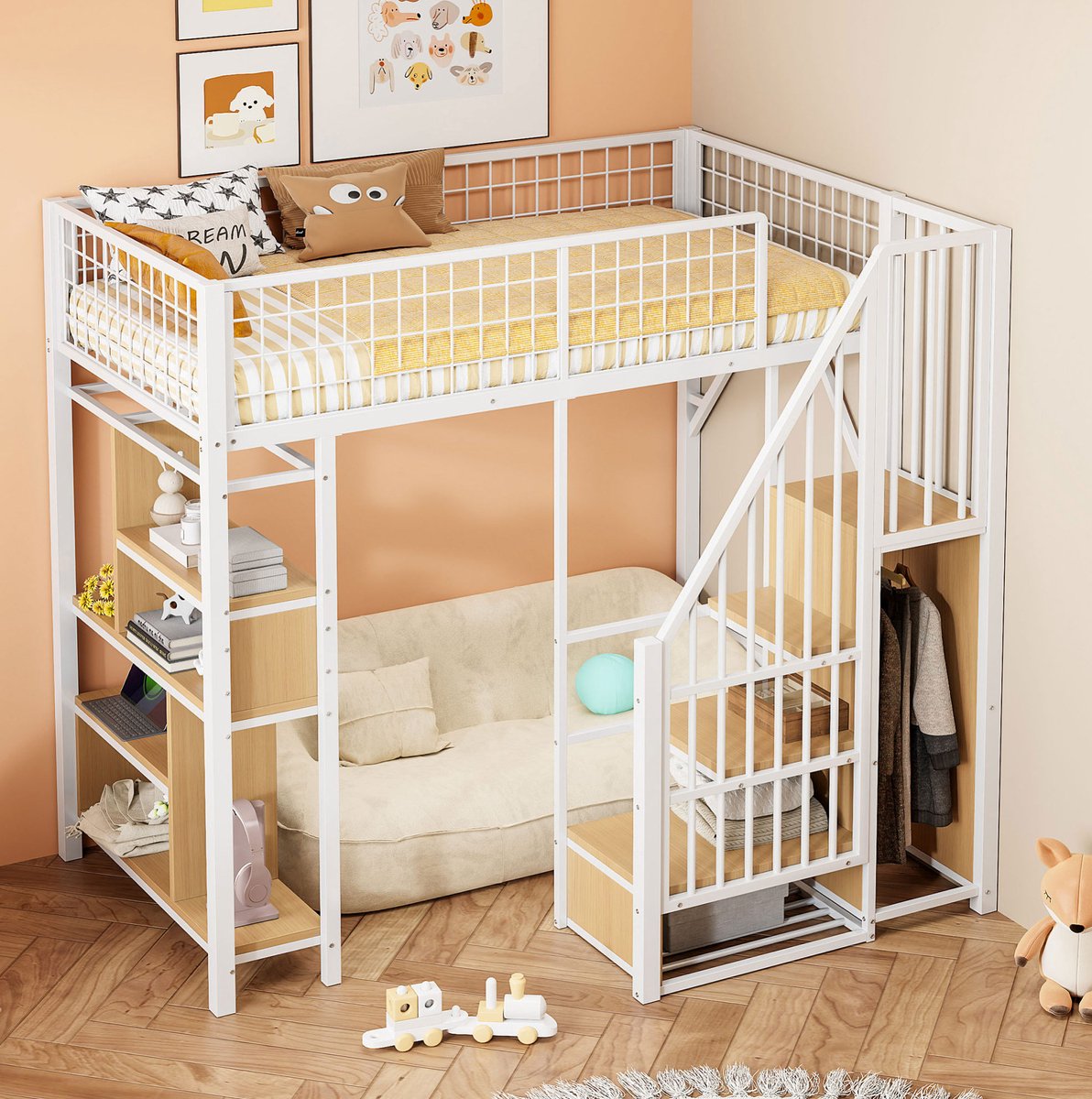 WUVRIE Hoogslaper 90x200 cm met opbergtrap, vakken en open ruimte onder bed, wit