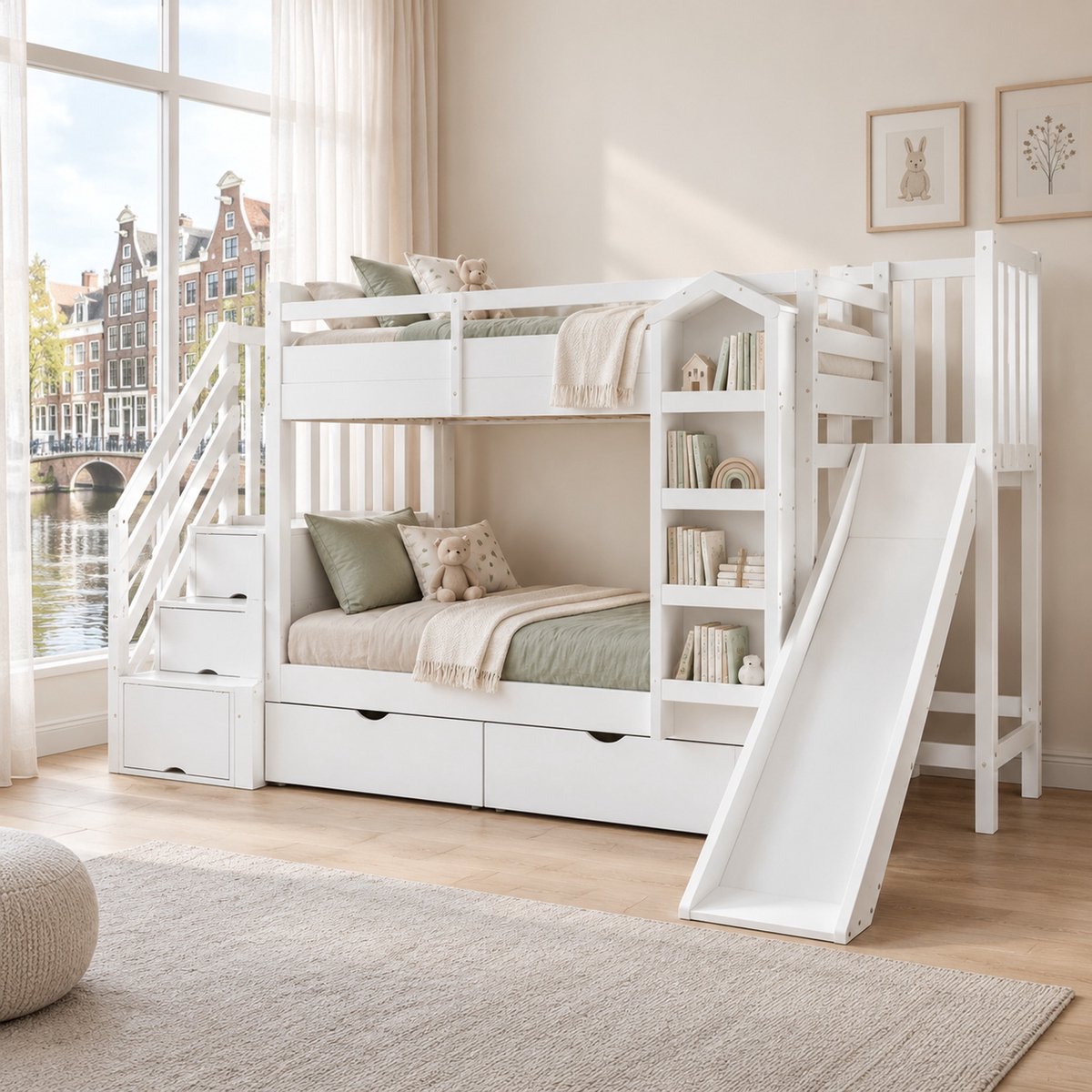 WUVRIE Kinderstapelbed 90x200 cm met glijbaan, trapkast, boekenrek en 2 lades op wielen, wit