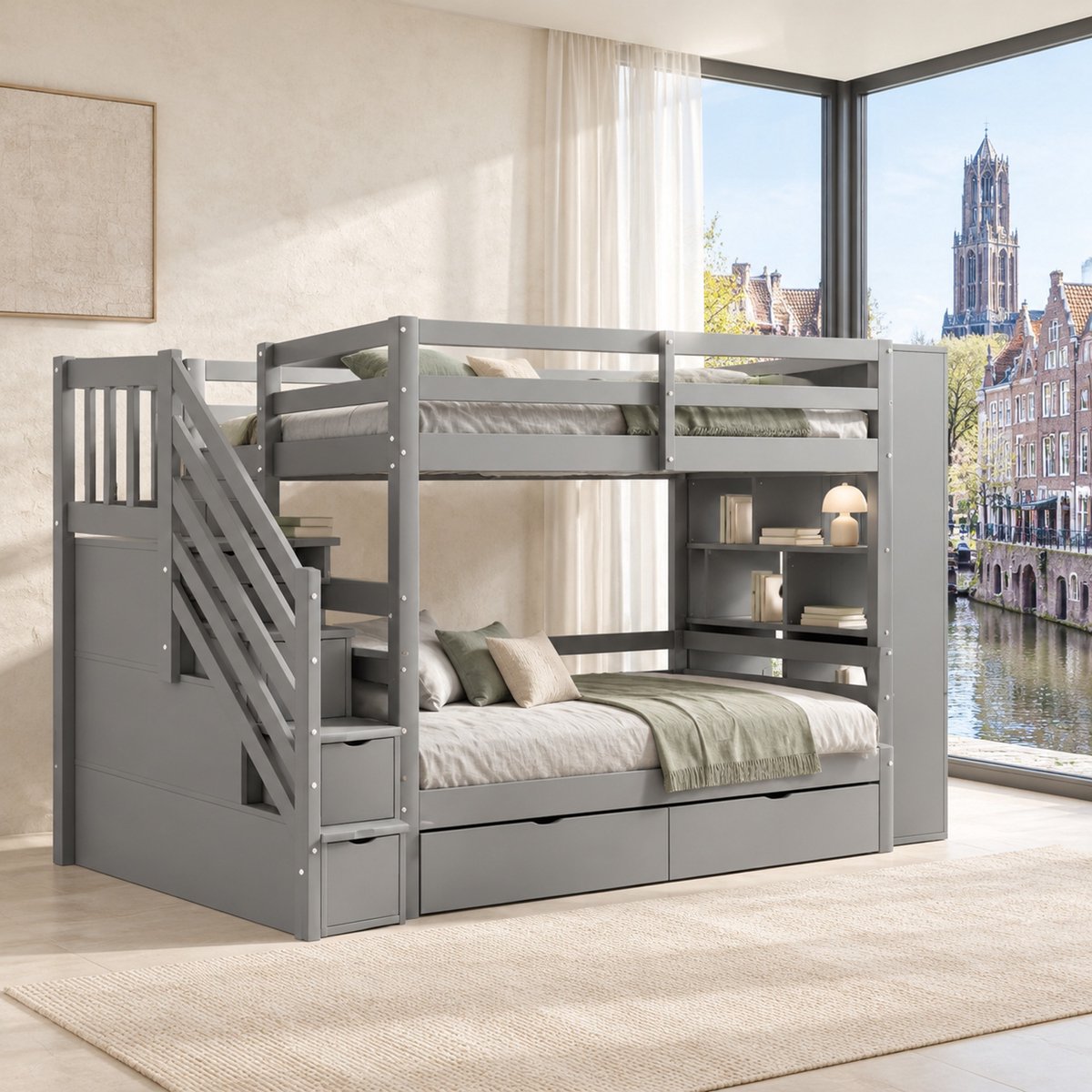 WUVRIE Stapelbed 90 x 200 cm met opbergtrap, lades, opbergvakken en lattenbodems, grijs