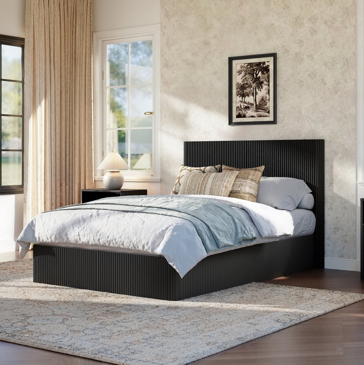 WUVRIE Opbergbed 140x200 cm met hydraulisch liftsysteem, lattenbodem en geribbeld hoofdbord, zwart