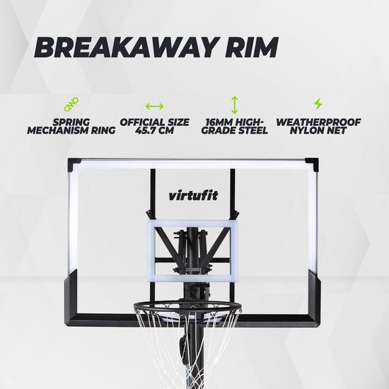 Close-up van de VirtuFit basketbalring met een 45,7 cm officiële maat, 16 MM stalen ring en weerbestendig nylon net.