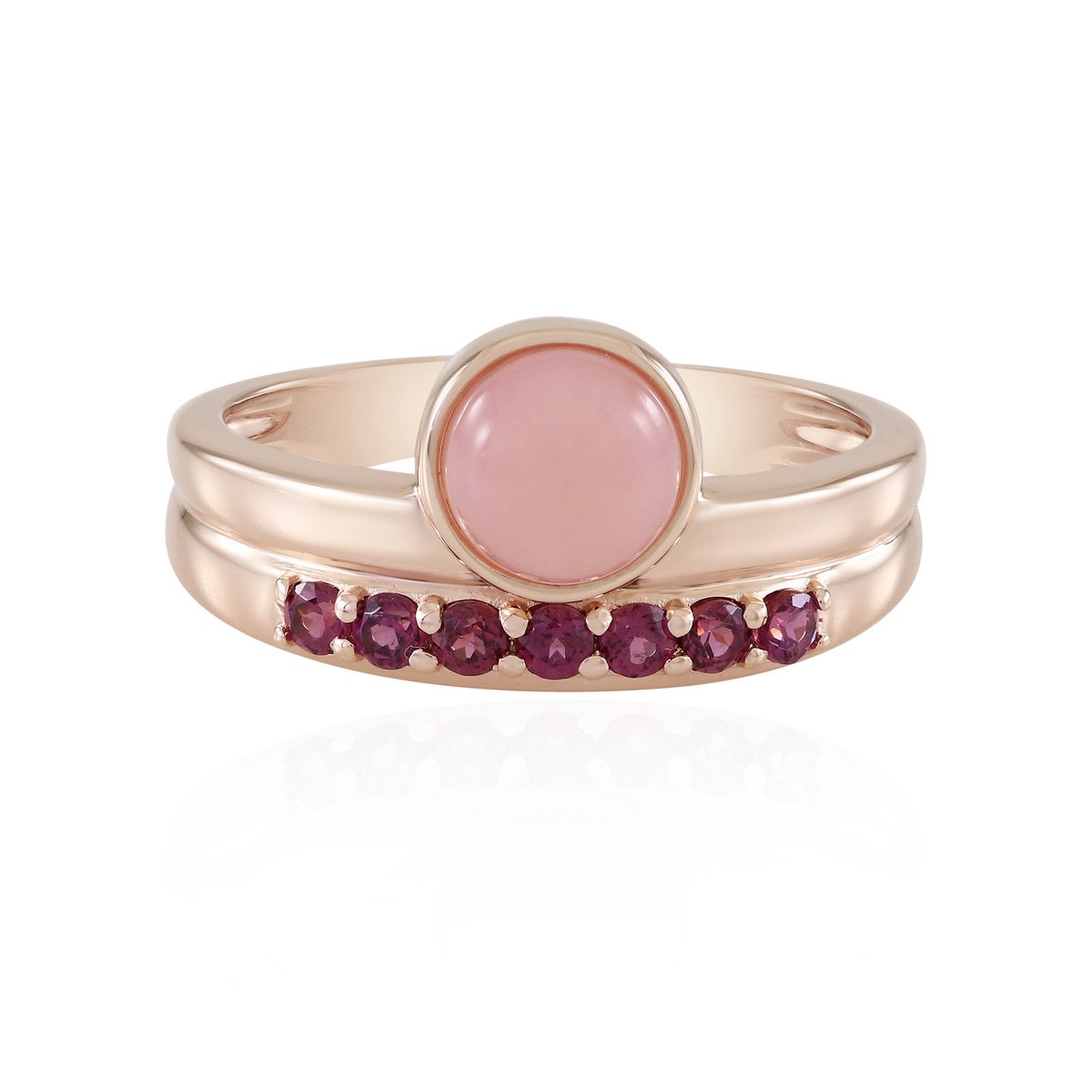 Cavill - Zilveren Ring 925 Sterling Roségoud Verguld - Roze Opaal Cabochon 0,81 ct & Rode Rhodoliet 0,315 ct - Dubbele Band Elegant