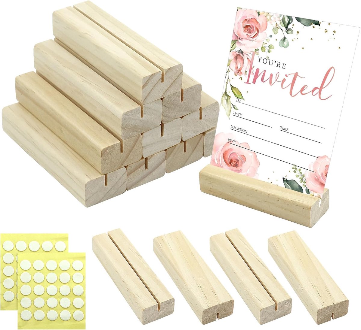 Kaarthouder, 15 stuks, houten tafelkaarthouder, rechte kaartstandaard, fotohouder, ansichtkaarthouder voor bruiloften, menukaarthouder, banketten, feestjes (met plakstippenstickers
