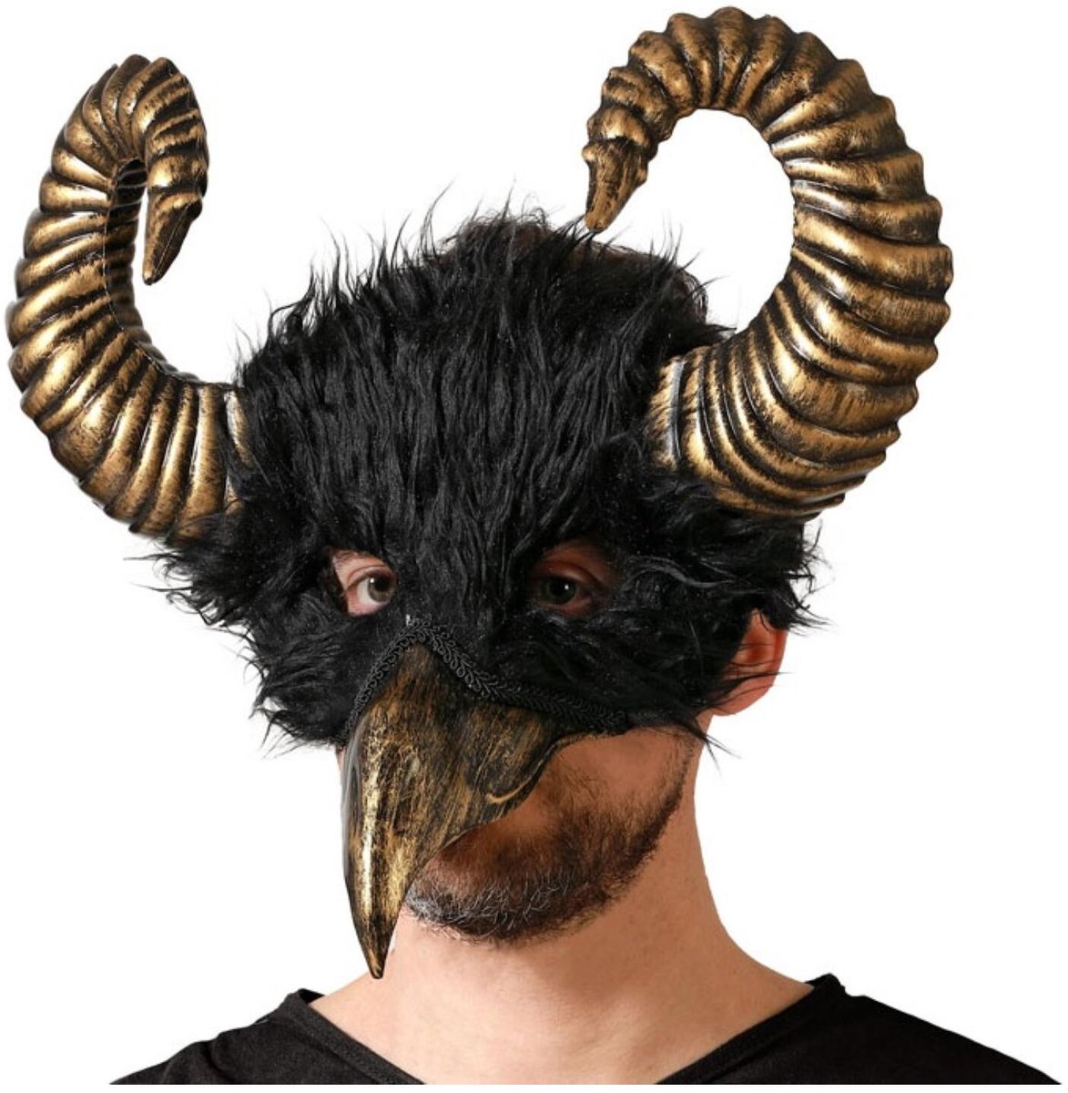 Atosa Halloween verkleedmasker - monster vogel met hoorns - goud/zwart - volwassenen - kunststof - dieren - scary feestmasker