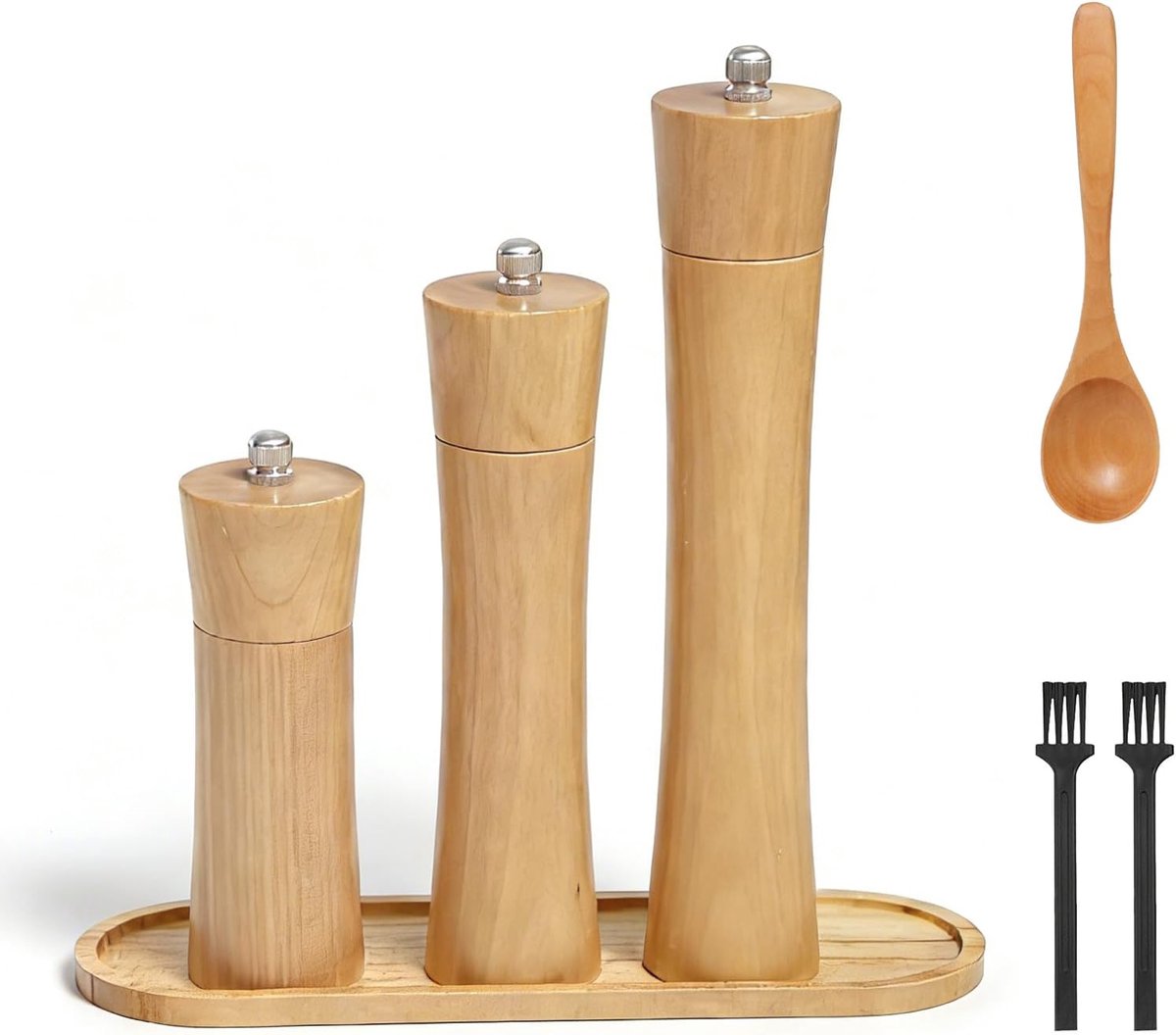 3-delig met houten dienblad, handmatig keramisch maalwerk met verstelbaar, zout en pepermolen, chilimolen, cadeauset voor keuken (15-20 cm incl. 2 reinigingsborstels en houten