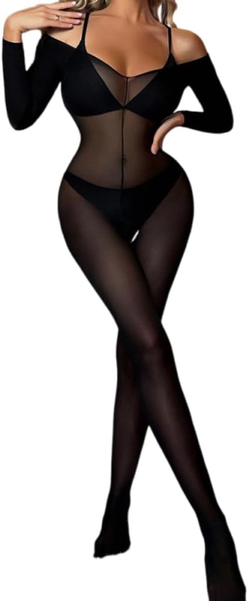Doorzichtige netstof bodystocking lange mouwen ouvert bodysuit lingerie transparante bodycon nachtkleding nylon full-body panty prikkelend ondergoed elastisch full body panty's