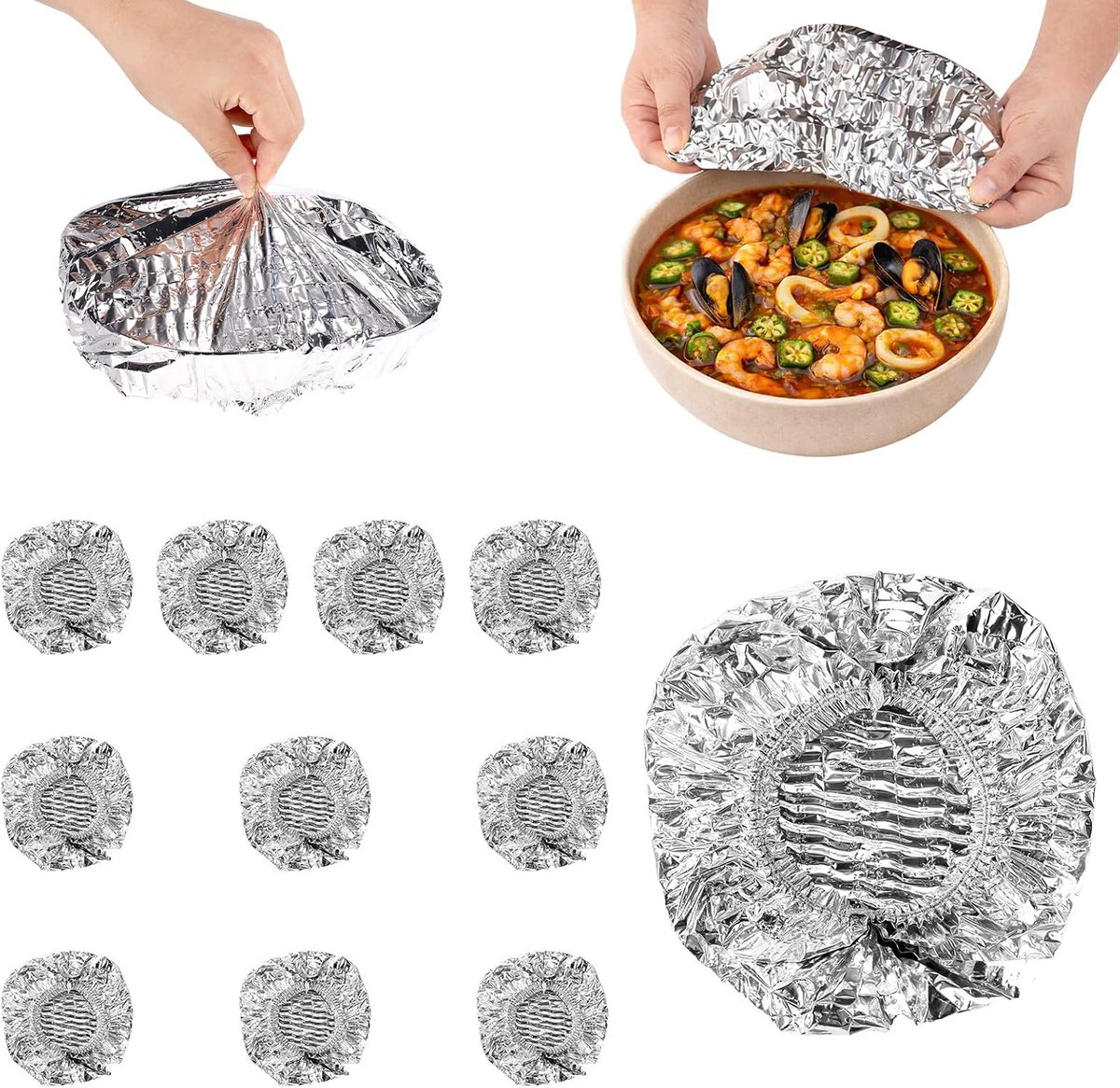 10 Stuks Herbruikbare Aluminiumfolie Voedselhoezen, Opvouwbare Geïsoleerde Foliehoezen Universele Keuken Warmteisolatiedeksels voor Schalen Borden Opslagcontainers (Zilver)