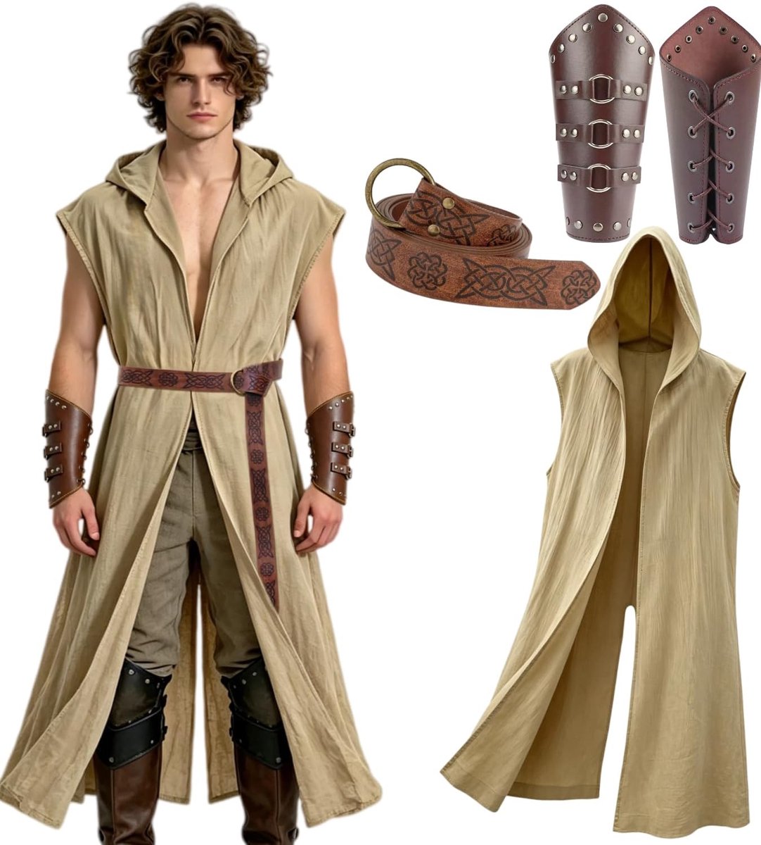 Kasahara Middeleeuwse kleding voor heren, set zonder mouwen, mantel met capuchon, renaissance-kostuum voor dames, Viking, ridder, outfit voor Halloween, carnaval, uniseks, carnavalskostuums voor