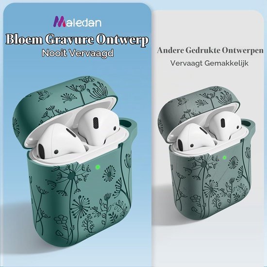 Gegraveerde bloemenhoes compatibel met AirPods, mooie schokbestendige zachte siliconen beschermhoes voor Airpods 2e en 1e generatie, met karabijnhaak [zichtbare led] voor dames — afbeelding 3