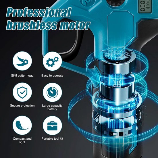 Snoeischaar compatibel met Makita 18V accu, borstelloze handheld elektrische snoeischaar met 2 versnellingen, digitaal display, 30 mm snijdiameter, slijpsteen en reservemessen (geen batterij — afbeelding 3
