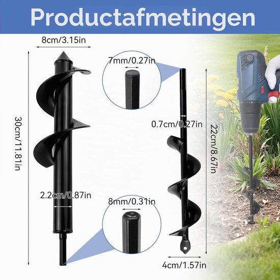 Grondboor voor accuschroevendraaier, zwart, grondboor voor boormachine, tuinboor voor het losmaken van de grond en graven van gaten in de tuinbouw (8 cm × 30 cm + 4 cm × 22 cm) — afbeelding 2