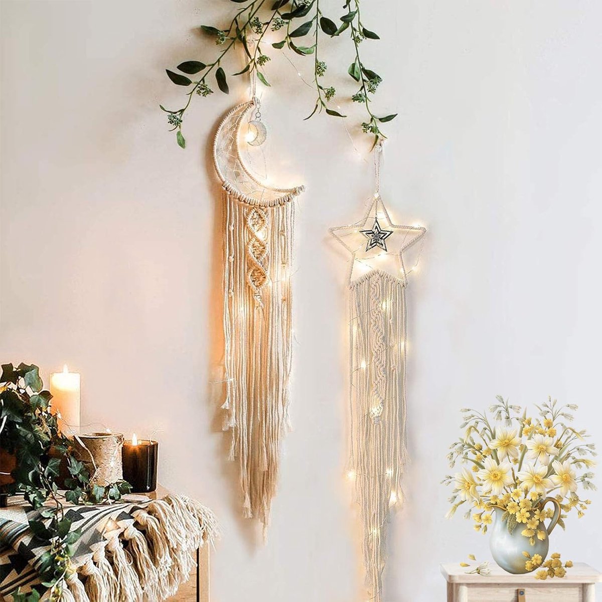 Ster Dream Catcher Decor, 2 stuks Boho Thuis Maan Ster Dreamcatcher, Macrame Muur Opknoping Boho Thuis Decor voor Kinderen Baby Slaapkamer Valentijnscadeau voor Vrouwen Meisjes Vrienden