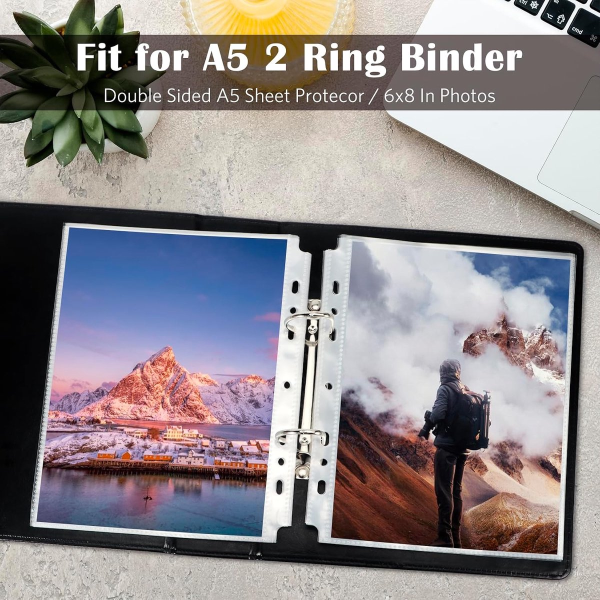 Fotohoesjes voor A5-Ringband met 2/3 Ringen, Doorzichtige Ansichtkaarthoesjes, 2 Vakken, Dubbelzijdige Fotobeschermers, Navulvellen voor Fotoalbums met Boveninleg (152 x 215 mm) (60)
