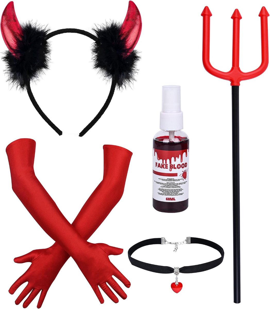 Dames,5-Delige Set Duivelshoorns,Handschoenen,Drietand,KunstbloedsPray,Gothic Kettingenset,Duivelaccessoires Dames Meisjes Duivelkostuum Haarband voor Halloween Carnaval