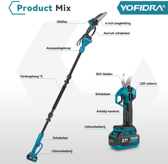 Yofidra Accu-Hoogsnoeier - 4-in-1 Telescopische Kettingzaag + Elektrische Snoeischaar - 1 m tot 2 m - 6 Inch Kettingzaag - 25 mm Snoeizaag - Borstelloze Motor - zum Baum- und Heckenschneiden van Yofidra — afbeelding 4