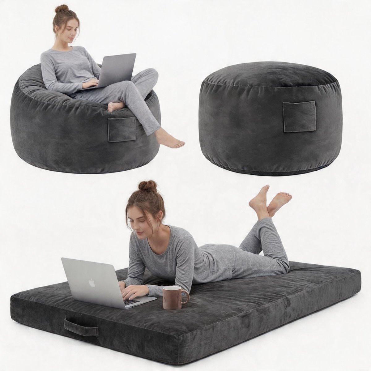 Zitzak 4 in 1 Convertible - Extra Groot 4ft - Visco-elastisch schuim - Zachte fluweel hoes verwijderbaar & wasbaar - Gaming vloersofa voor volwassenen & tieners - Grijs