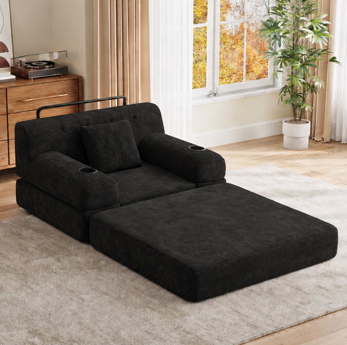REDOM Slaapbank - 1-zits - Hoge rugleuning - Metalen frame - 4 zijvakken en 2 bekerhouders - Corduroy - Zwart - 107 x 80 x 81 cm