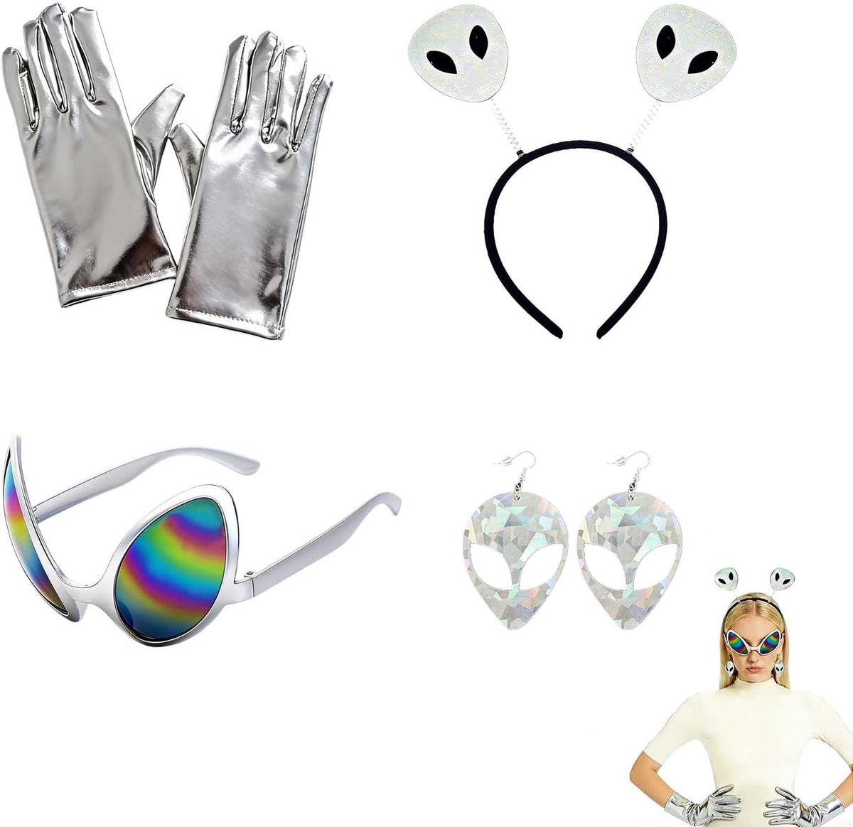 Kostuumset‑Zilver holografisch hoofdband, zilveren zonnebril, oorbellen & handschoenen. Universele maat, geschikt voor diverse corporaturen.