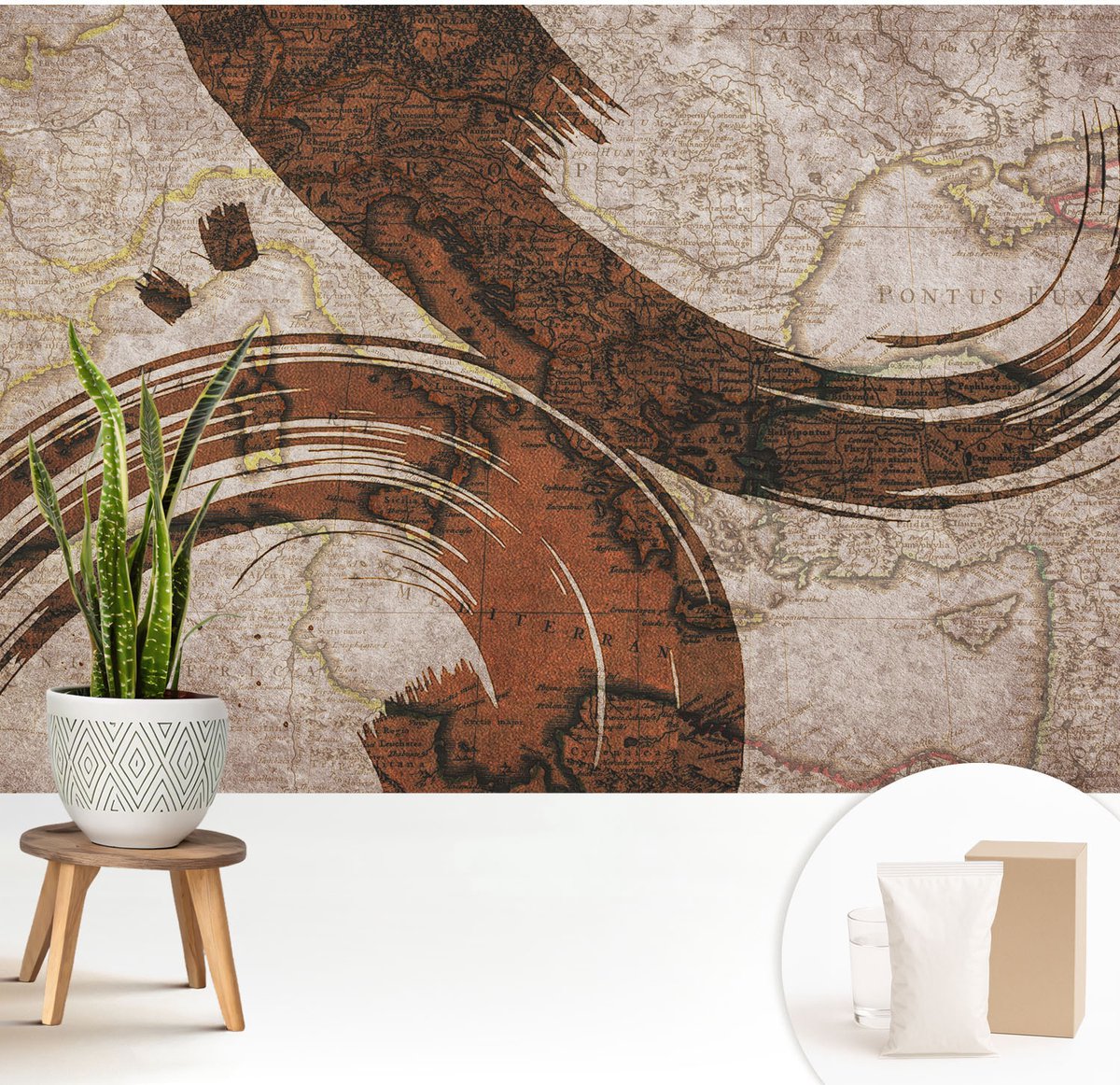 Wallfluent Fotobehang - Beige Vliesbehang - 208x146 cm - Artistieke Kaart Muurschildering - Slaapkamer behang Abstractie - Fotobehang Vlies - Slaapkamer behang