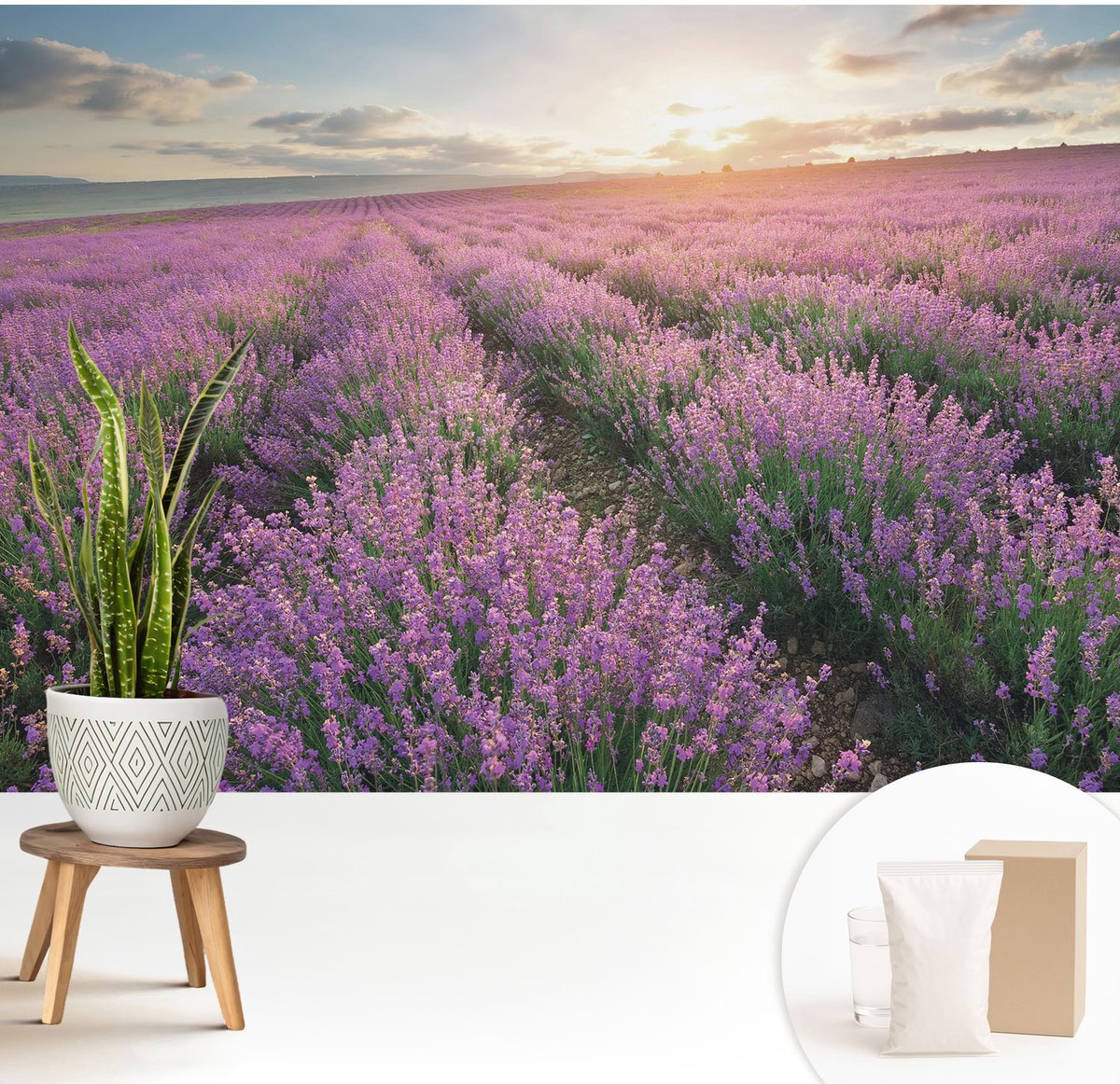 Wallfluent Fotobehang - Paars Vliesbehang - 208x146 cm - Lavendelvelden Fotobehang Vlies - Hal behang Landschappen - Muurschildering - Hal behang
