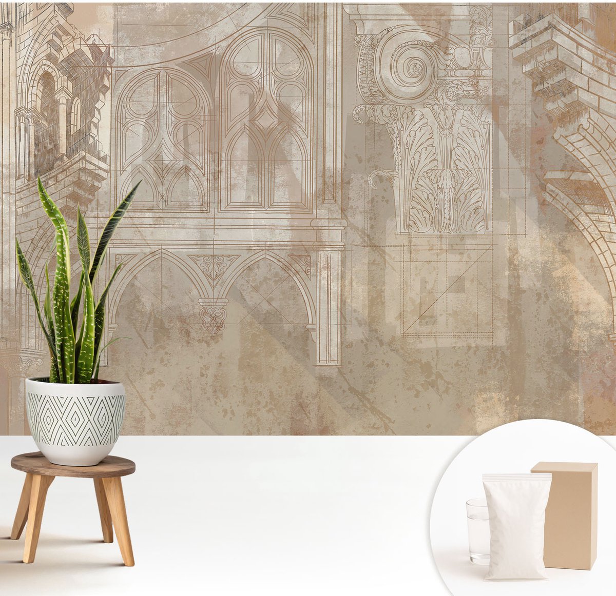 Wallfluent Fotobehang - Wit Vliesbehang - 208x146 cm - Historische Ornamenten Fotobehang Vlies - Hal behang Architectuur - Muurschildering - Woonkamer behang