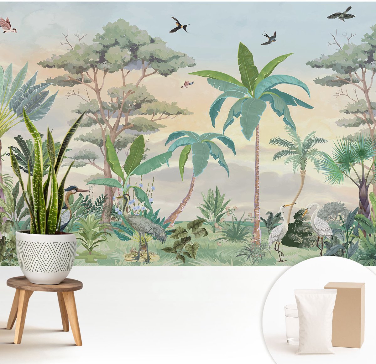 Wallfluent Fotobehang - Zwart Vliesbehang - 208x146 cm - Exotische Flora Muurschildering - Gang behang Bloemen En Planten - Fotobehang Vlies - Slaapkamer behang