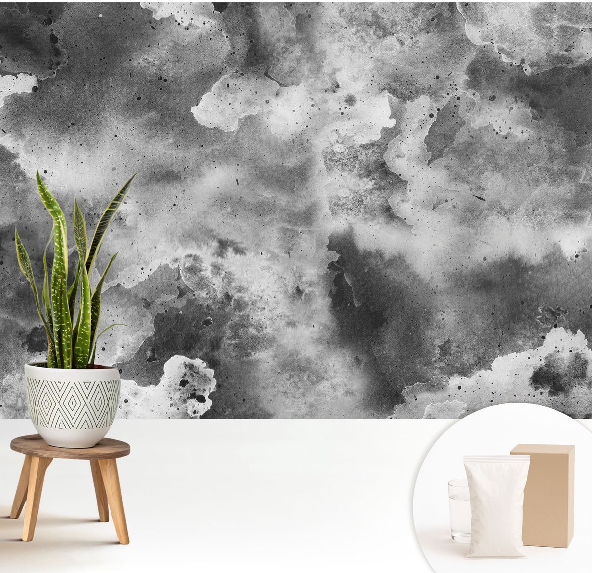Wallfluent Fotobehang - Zwart-Wit Vliesbehang - 208x146 cm - Grijze Wolken Fotobehang Vlies - Hal behang Abstractie - Muurschildering - Hal behang