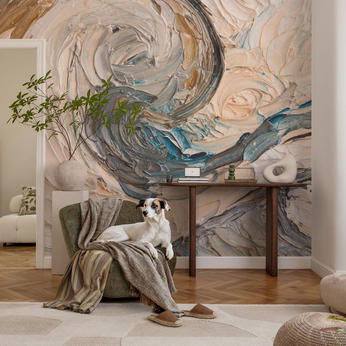 Wallfluent Fotobehang - Grijs Vliesbehang - 208x146 cm - Kleurrijke Wervelingen Fotobehang Vlies - Hal behang Abstractie - Muurschildering - Woonkamer behang