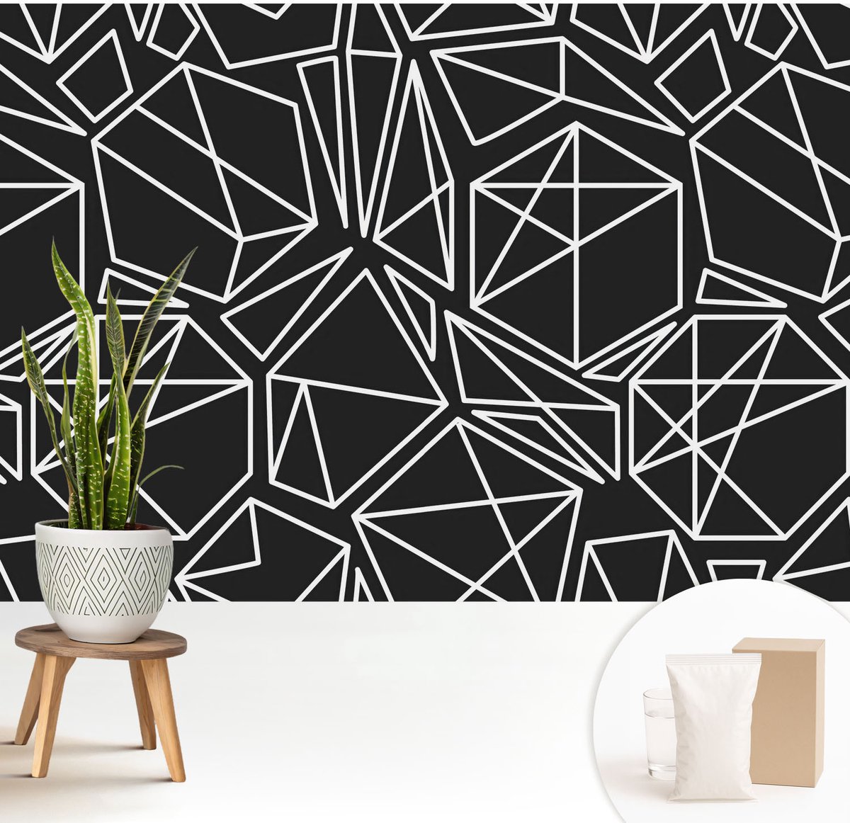 Wallfluent Fotobehang - Zwart Vliesbehang - 208x146 cm - Moderne Abstractie Fotobehang Vlies - Hal behang Geometrie - Muurschildering - Hal behang