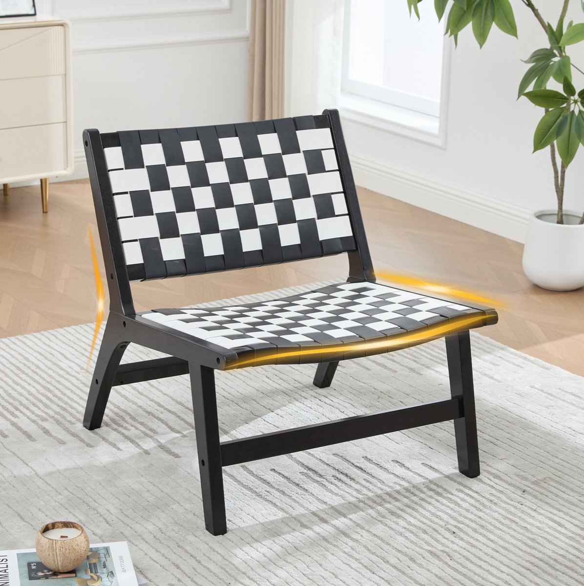 MODENUIT Fauteuil 71 Bij 66 Bij 72 cm - Geweven Schaakbordpatroon - Binnen en Buiten - Hout - Zwart Wit