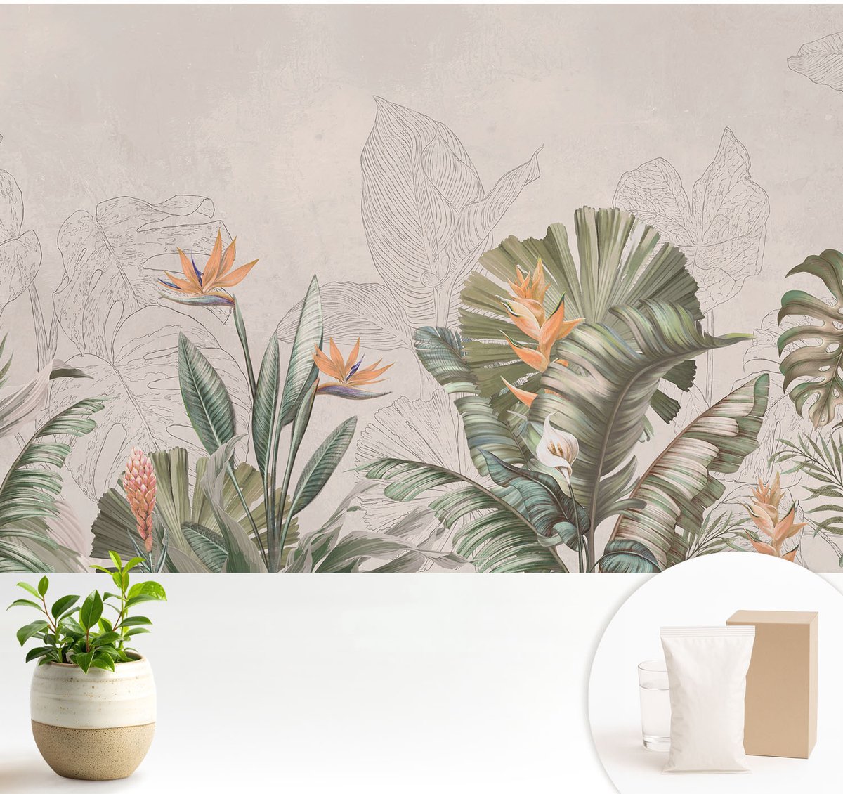 Wallfluent Fotobehang - Beige Vliesbehang - 104x70 cm - Tropische Bloemen Muurschildering - Slaapkamer behang Bloemen En Planten - Fotobehang Vlies - Slaapkamer behang
