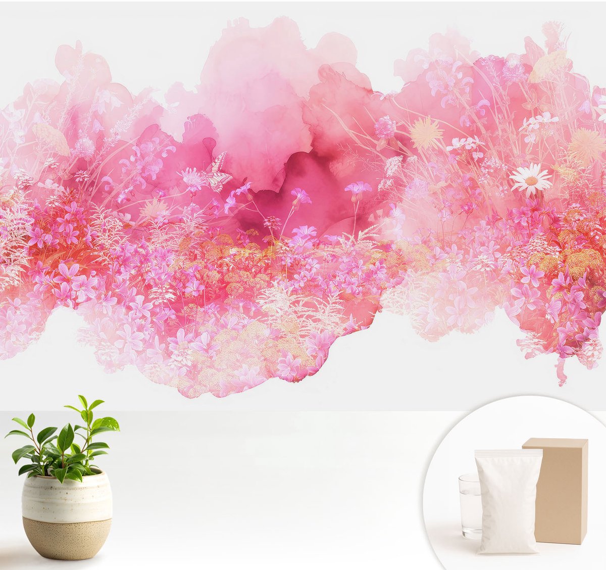 Wallfluent Fotobehang - Roze Vliesbehang - 104x70 cm - Bloemenpatroon Fotobehang Vlies - Woonkamer behang Bloemen En Planten - Muurschildering - Hal behang