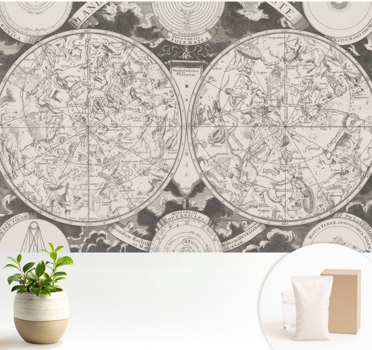 Wallfluent Fotobehang - Zwart-Wit Vliesbehang - 104x70 cm - Sterrenkaart Muurschildering - Slaapkamer behang Kosmos - Fotobehang Vlies - Gang behang