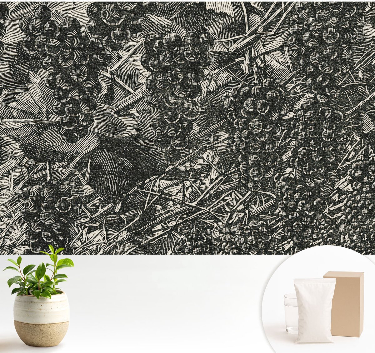 Wallfluent Fotobehang - Zwart-Wit Vliesbehang - 104x70 cm - Druivenafdruk Fotobehang Vlies - Hal behang Bloemen En Planten - Muurschildering - Woonkamer behang