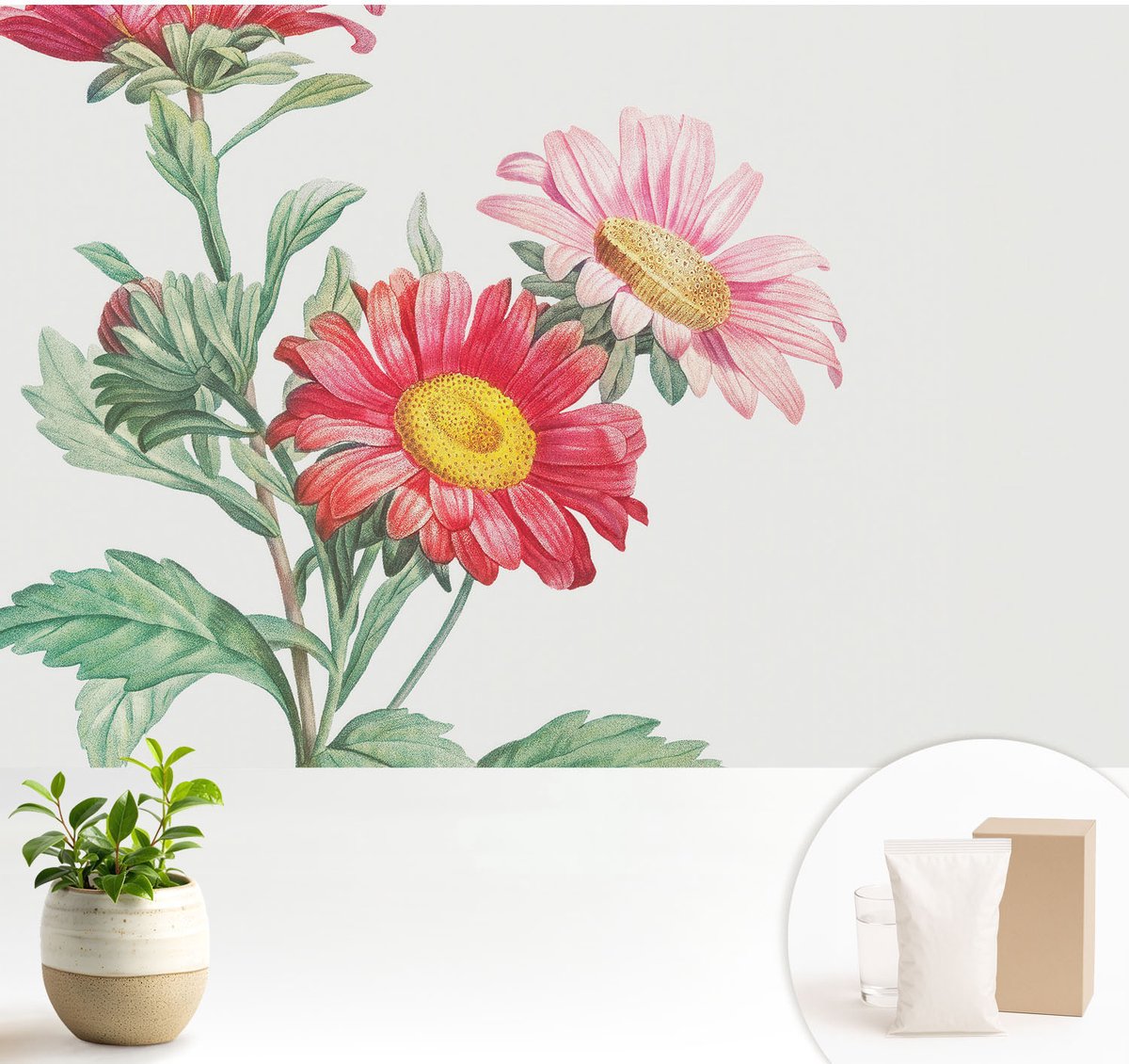 Wallfluent Fotobehang - Rood Vliesbehang - 104x70 cm - Tere Bloemen Fotobehang Vlies - Woonkamer behang Bloemen En Planten - Muurschildering - Woonkamer behang