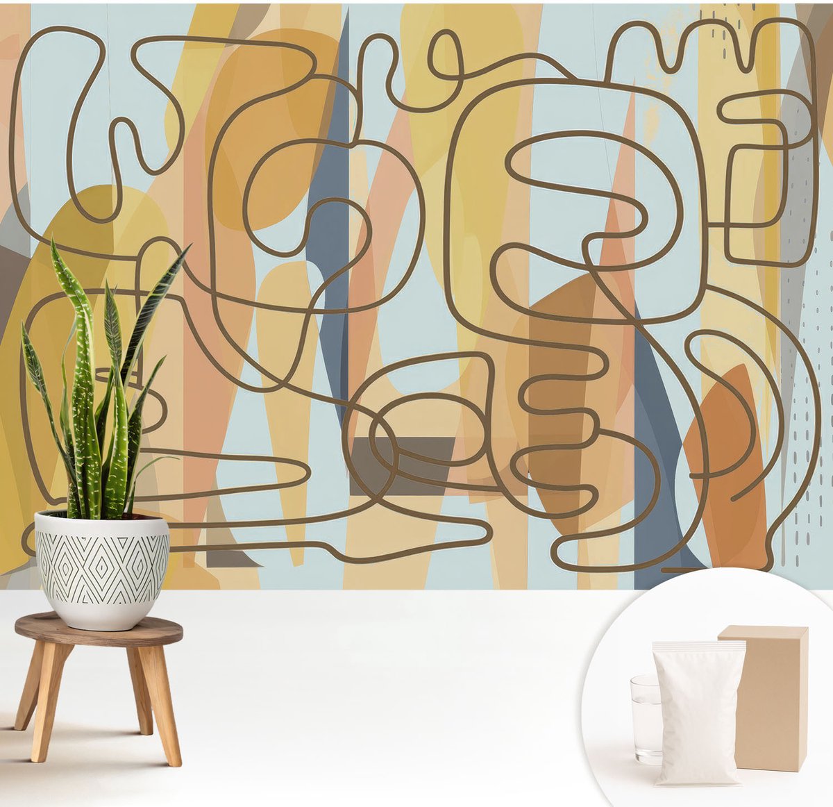 Wallfluent Fotobehang - Geel Vliesbehang - 208x146 cm - Abstracte Vormen Muurschildering - Gang behang Abstractie - Fotobehang Vlies - Slaapkamer behang