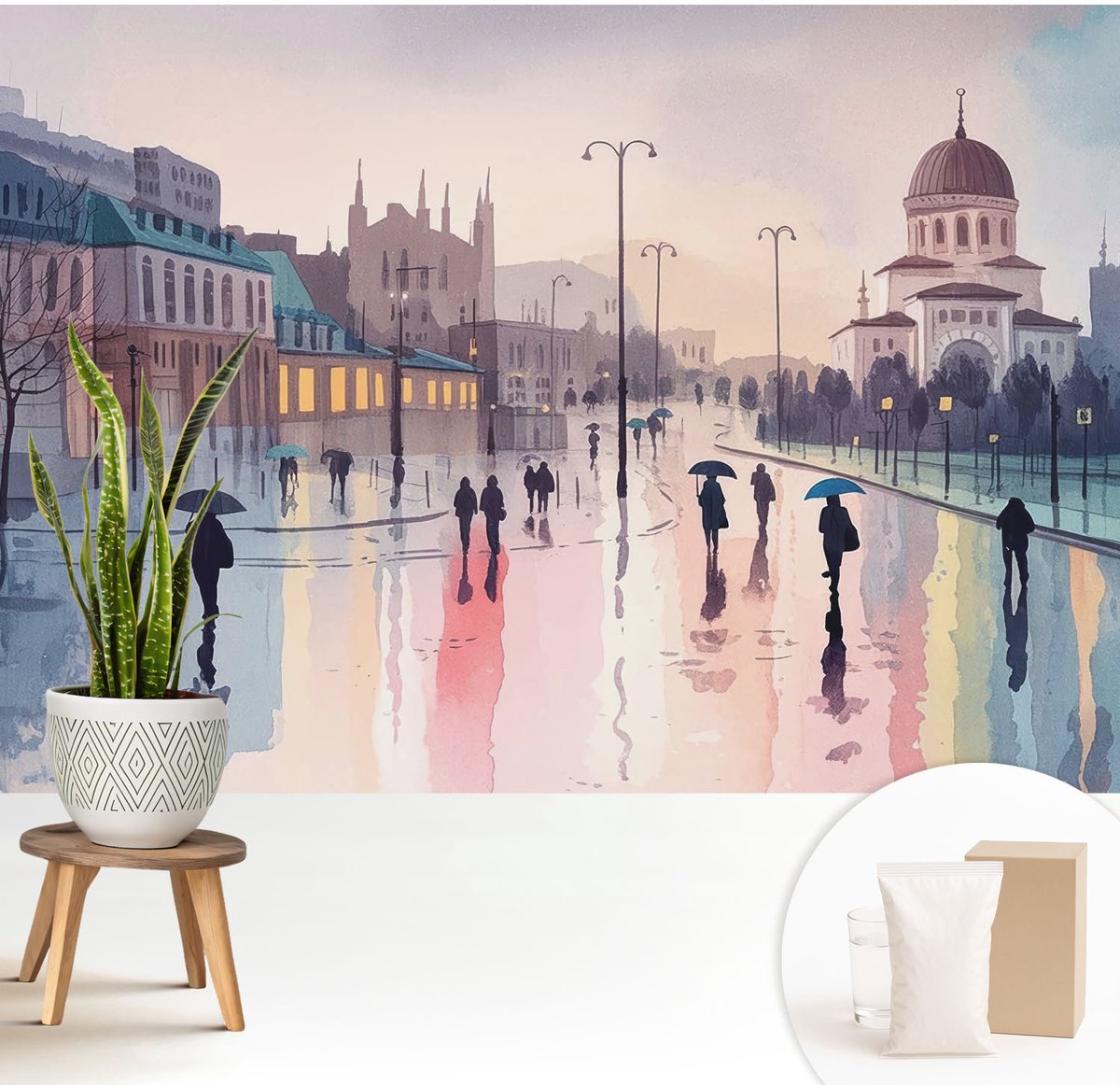 Wallfluent Fotobehang - Blauw Vliesbehang - 208x146 cm - Een Regenachtige Wandeling Muurschildering - Slaapkamer behang Steden - Fotobehang Vlies - Slaapkamer behang