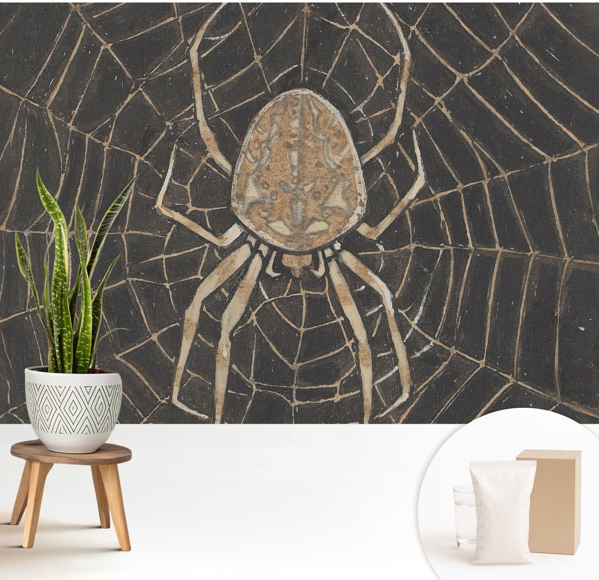 Wallfluent Fotobehang - Zwart Vliesbehang - 208x146 cm - Spinnenweb Fotobehang Vlies - Hal behang Dieren - Muurschildering - Woonkamer behang