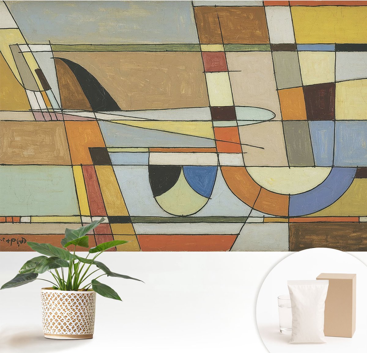 Wallfluent Fotobehang - Geel Vliesbehang - 152x104 cm - Geometrische Harmonie Muurschildering - Slaapkamer behang Deel - Fotobehang Vlies - Slaapkamer behang