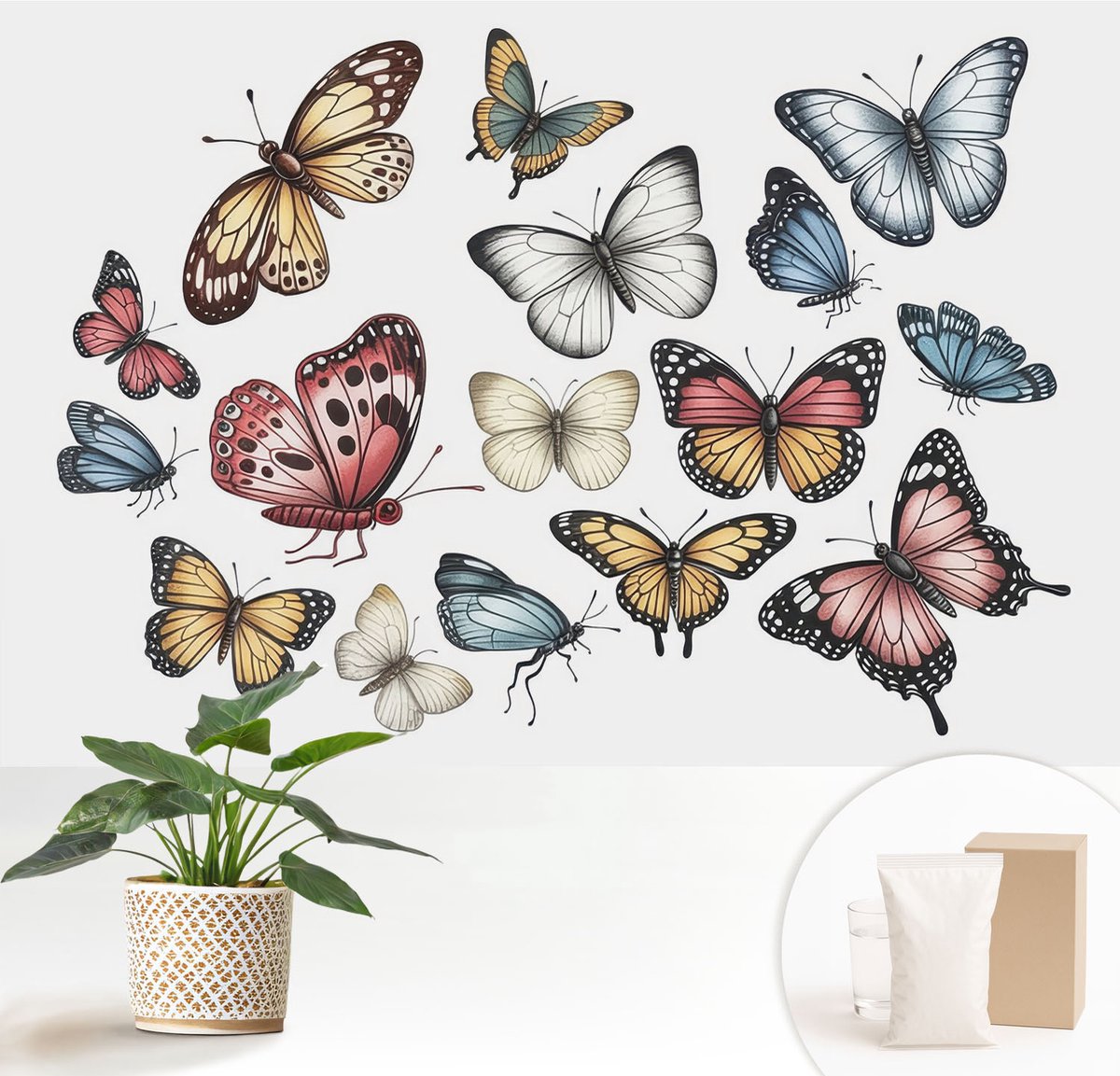 Wallfluent Fotobehang - Wit Vliesbehang - 152x104 cm - Paradijsvlinders Fotobehang Vlies - Woonkamer behang Dieren - Muurschildering - Hal behang
