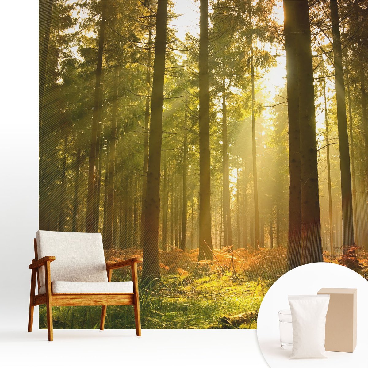 Wallfluent Fotobehang - Groente Vliesbehang - 250x250 cm - Bosochtend Fotobehang Vlies - Woonkamer behang Landschappen - Muurschildering - Woonkamer behang
