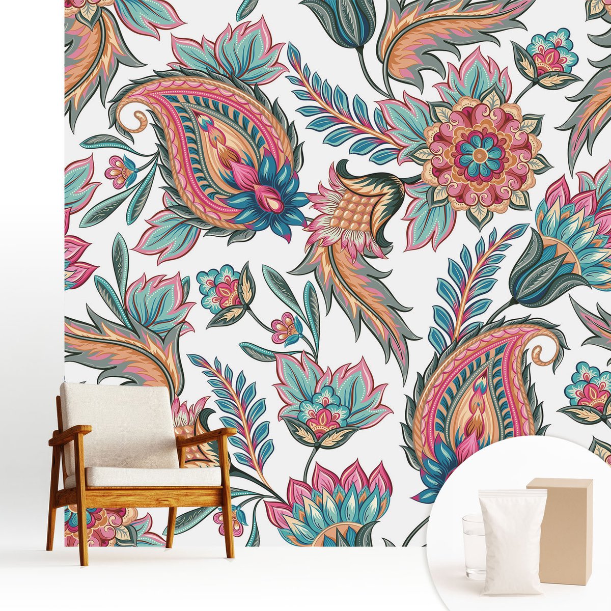 Wallfluent Fotobehang - Wit Vliesbehang - 250x250 cm - Oosters Patroon Muurschildering - Slaapkamer behang Achtergronden En Patronen - Fotobehang Vlies - Gang behang