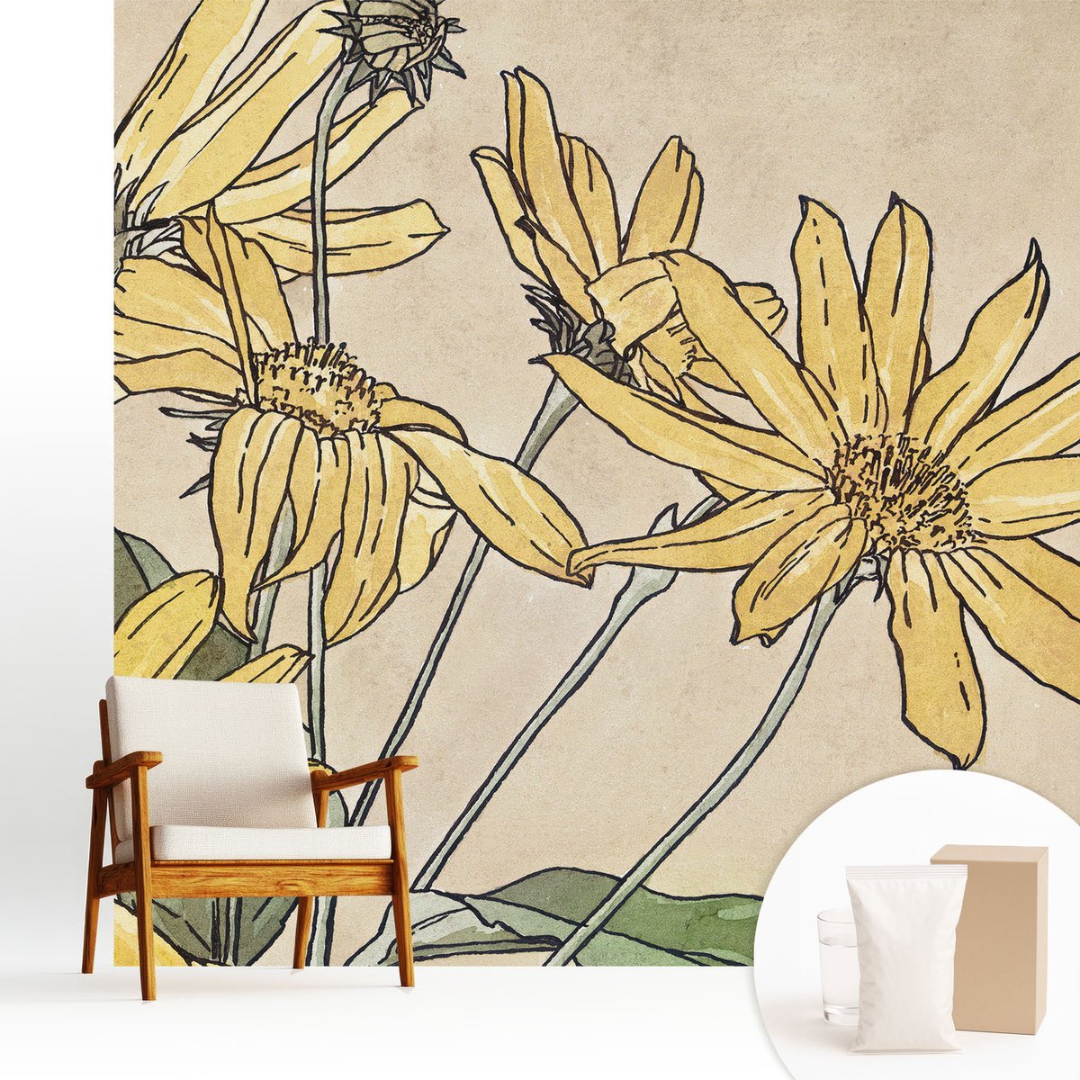 Wallfluent Fotobehang - Wit Vliesbehang - 250x250 cm - Aquarel Bloemen Muurschildering - Gang behang Bloemen En Planten - Fotobehang Vlies - Gang behang