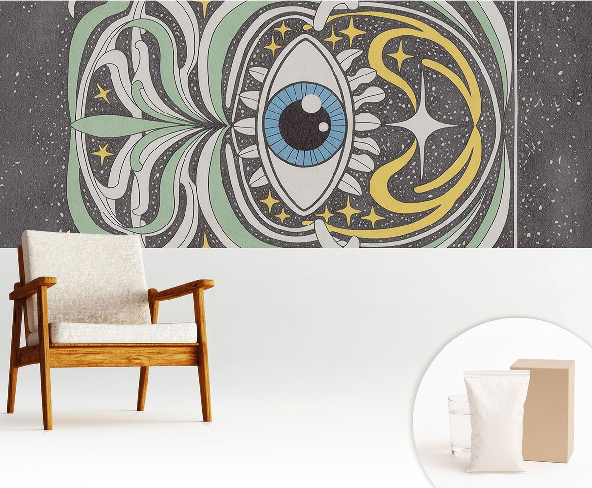 Wallfluent Fotobehang - Zwart Vliesbehang - 250x104 cm - Symmetrisch Oog Fotobehang Vlies - Hal behang Abstractie - Muurschildering - Hal behang