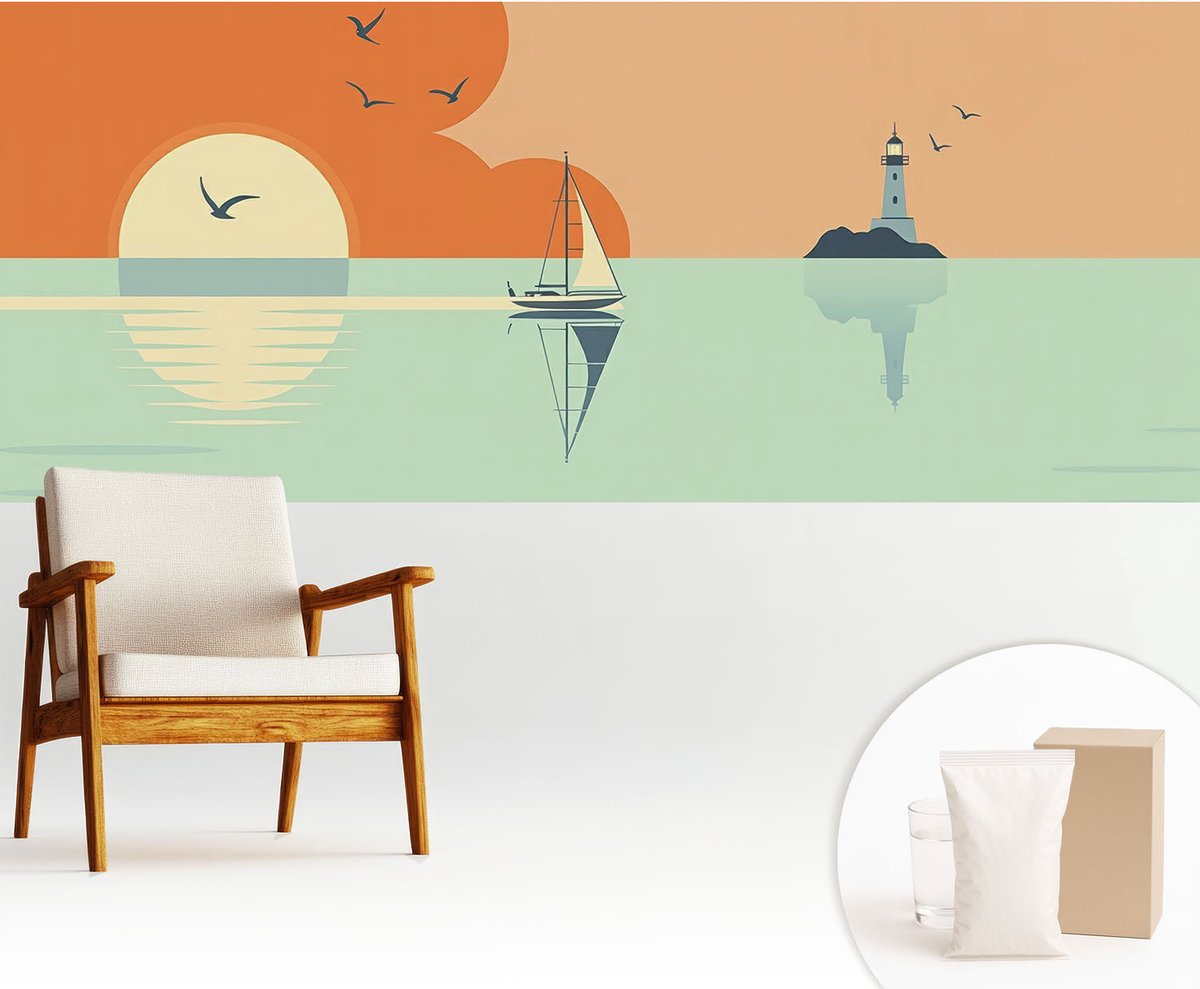 Wallfluent Fotobehang - Oranje Vliesbehang - 250x104 cm - Zeegenot Muurschildering - Slaapkamer behang Landschappen - Fotobehang Vlies - Slaapkamer behang