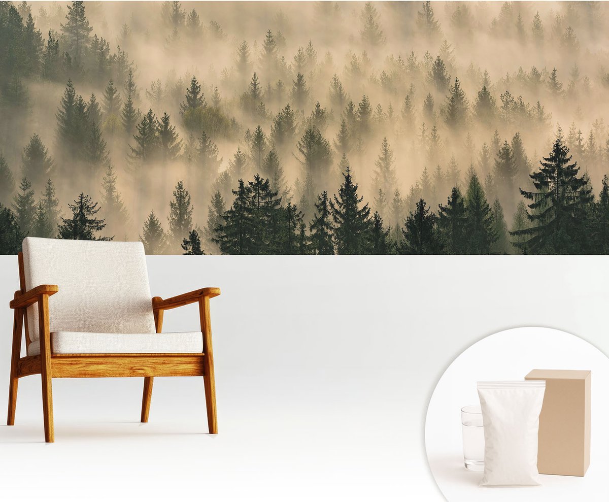 Wallfluent Fotobehang - Grijs Vliesbehang - 250x104 cm - Bosmist Fotobehang Vlies - Woonkamer behang Landschappen - Muurschildering - Woonkamer behang