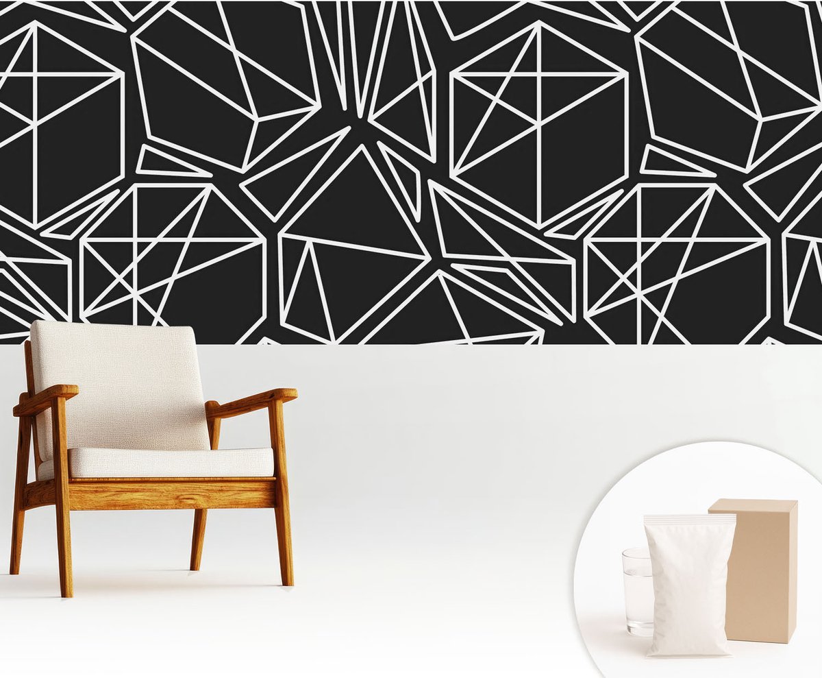 Wallfluent Fotobehang - Zwart Vliesbehang - 250x104 cm - Moderne Abstractie Fotobehang Vlies - Woonkamer behang Geometrie - Muurschildering - Hal behang